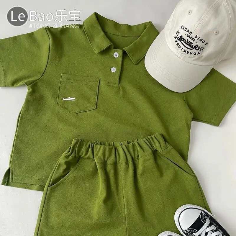 Green Korean Style Boys Shorts Set Polo Collar Shorts — feature 2