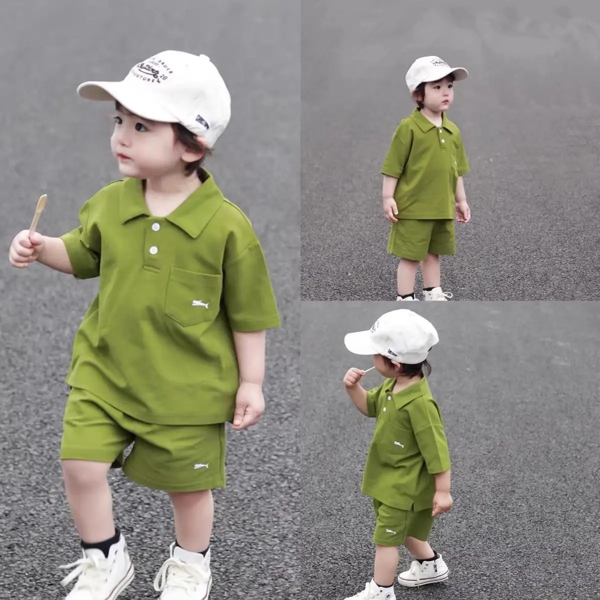 Green Korean Style Boys Shorts Set Polo Collar Shorts — feature 3