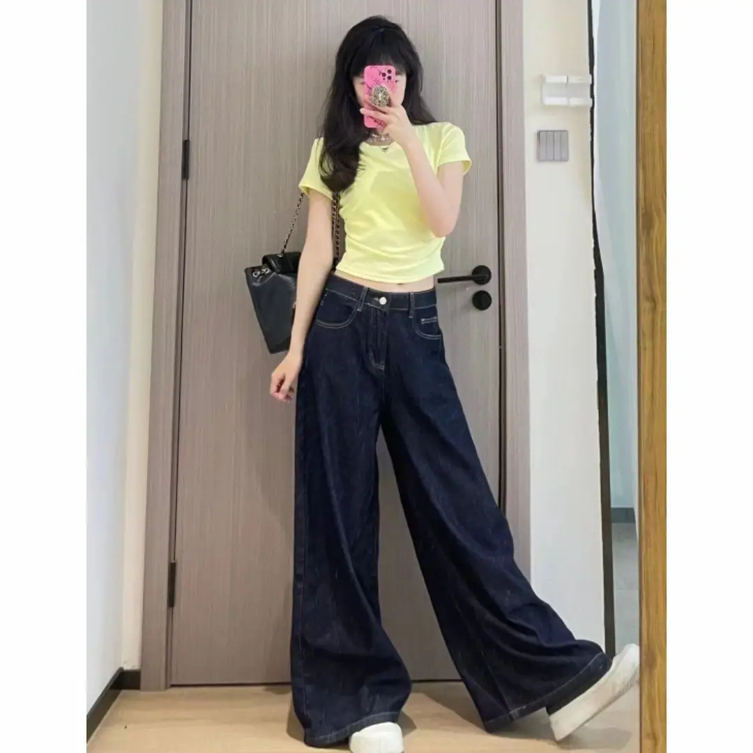 Women Wide Leg Jeans Dark Blue 2025
