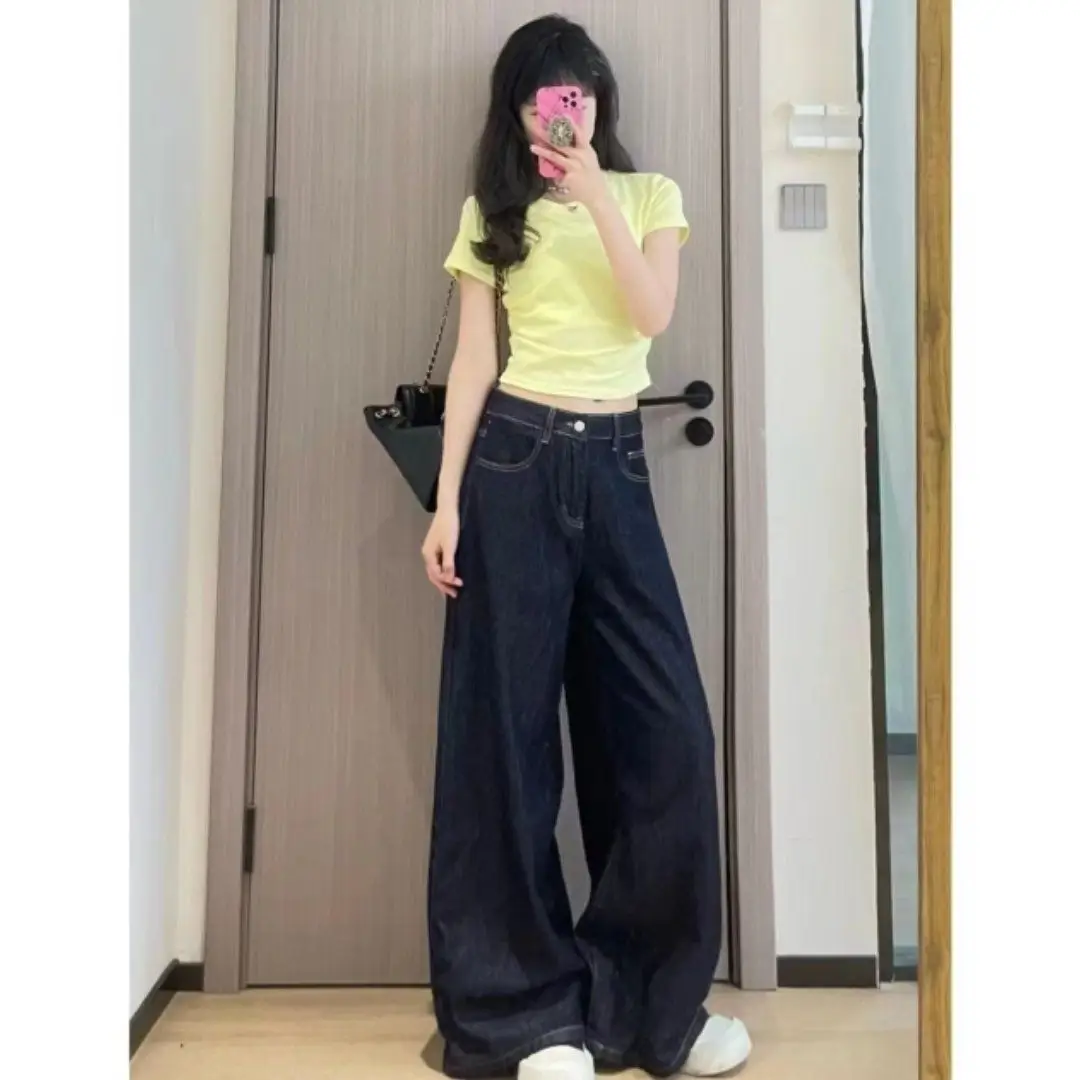 Women Wide Leg Jeans Dark Blue 2025