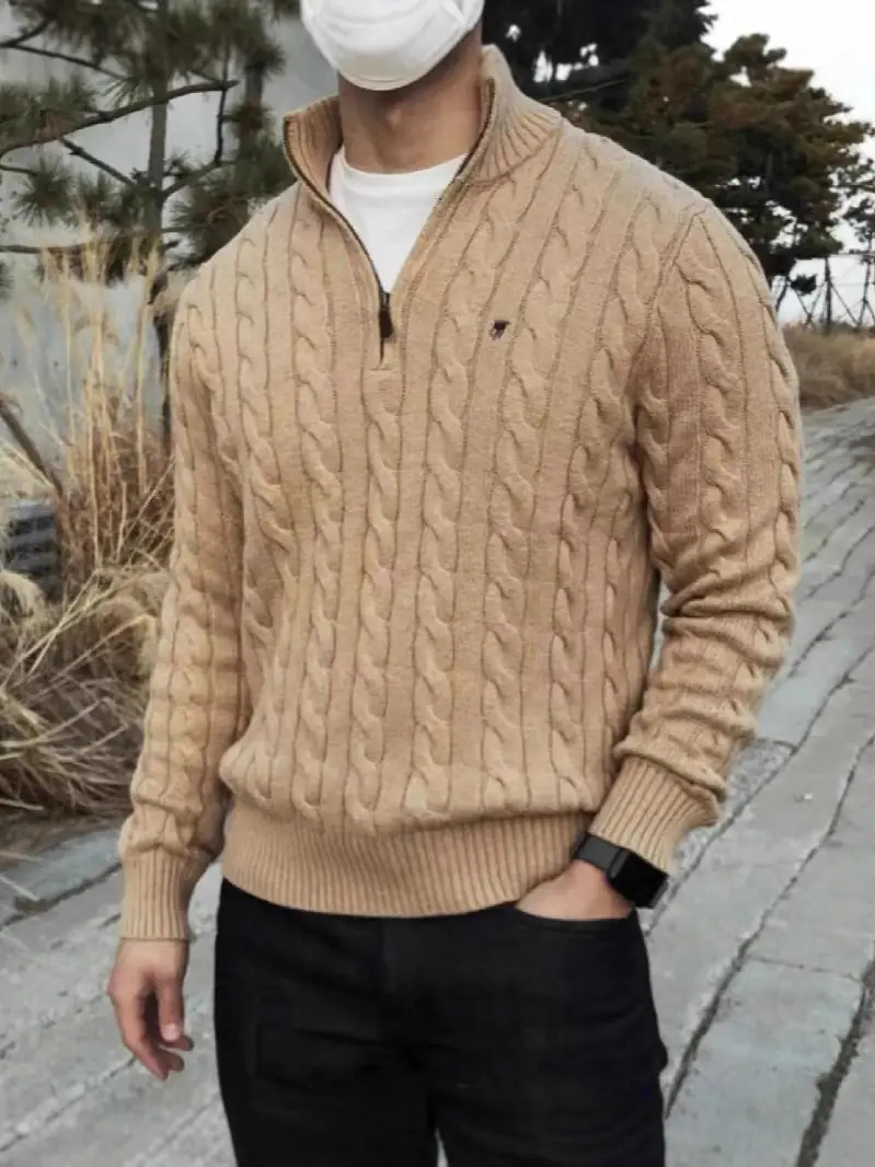 Men Knitted Pony Logo Sweater Beige Winter
