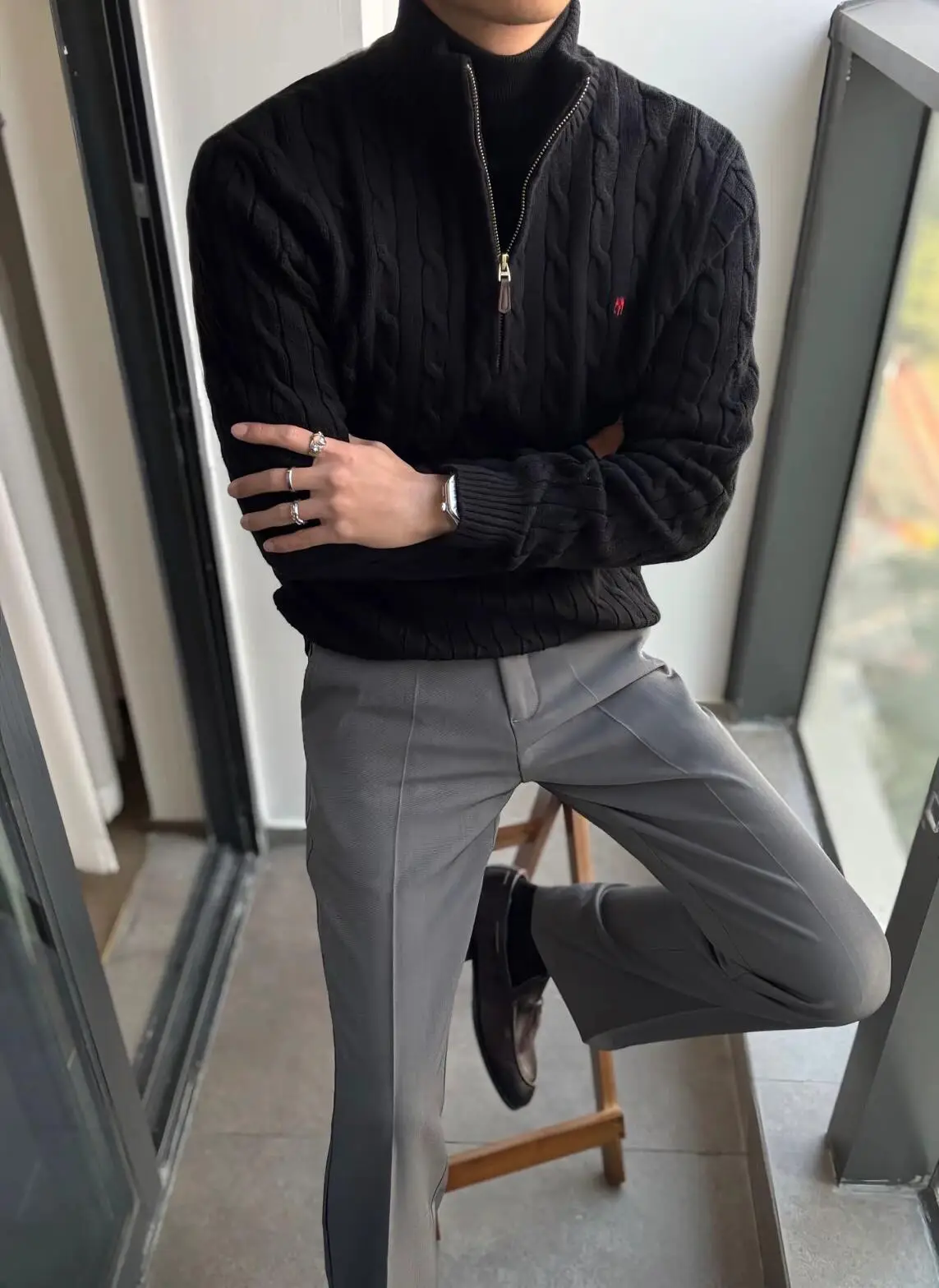 Men Knitted Pony Logo Sweater Beige Winter — feature 10