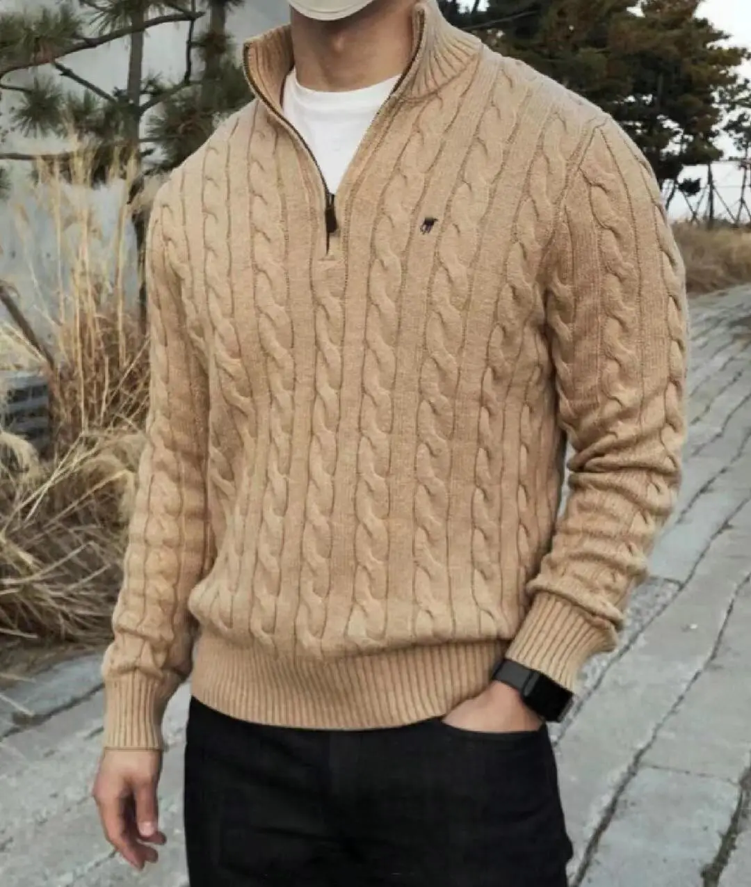 Men Knitted Pony Logo Sweater Beige Winter — feature 13