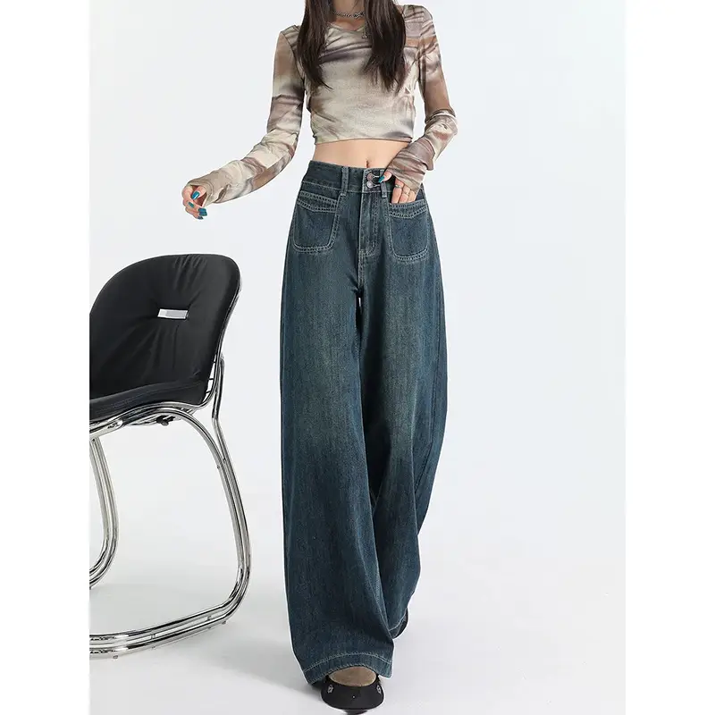 Women Wide Leg Jeans Dark Blue Retro High Waist