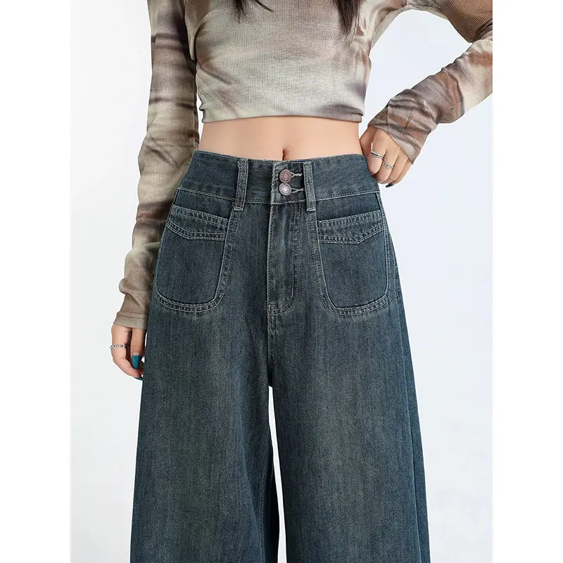 Women Wide Leg Jeans Dark Blue Retro High Waist
