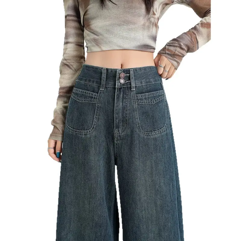 Women Wide Leg Jeans Dark Blue Retro High Waist