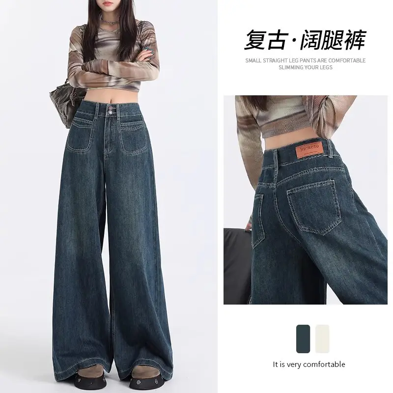 Women Wide Leg Jeans Dark Blue Retro High Waist — feature 1
