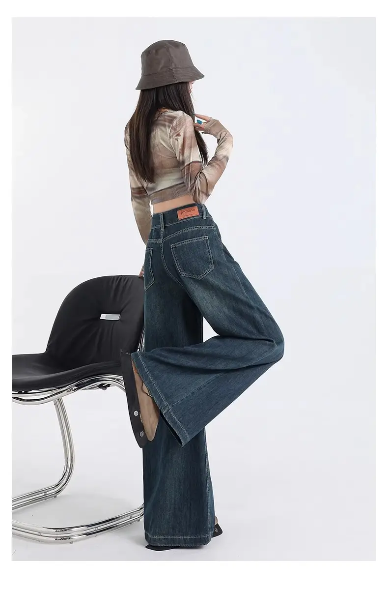 Women Wide Leg Jeans Dark Blue Retro High Waist — feature 3