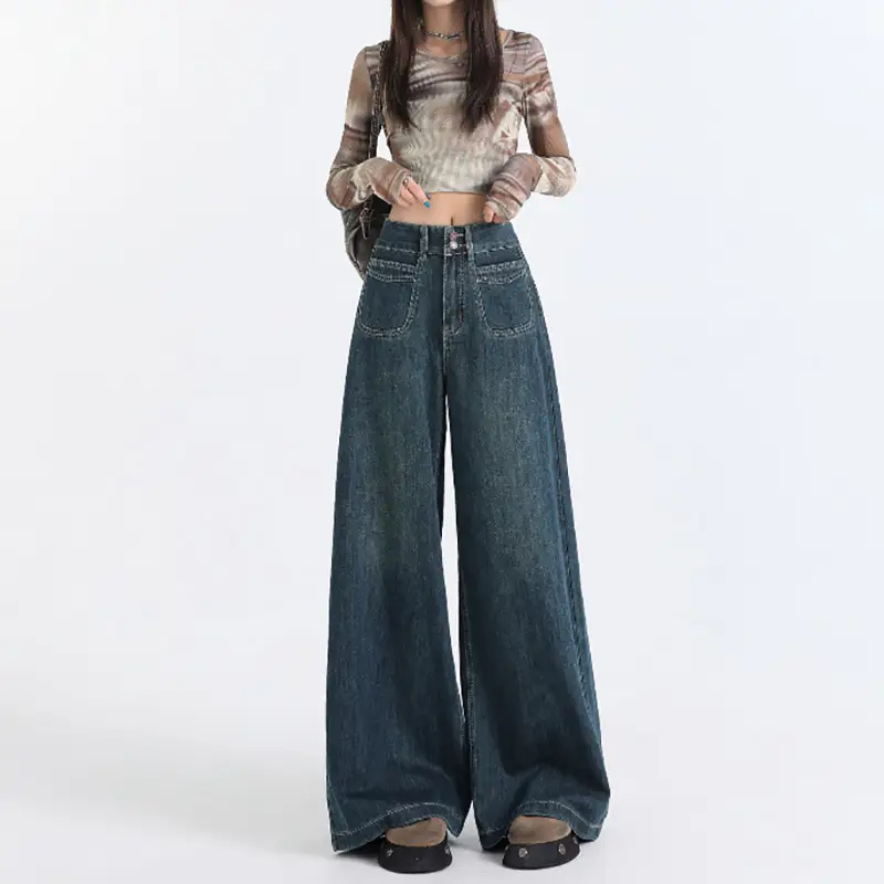 Women Wide Leg Jeans Dark Blue Retro High Waist — feature 6