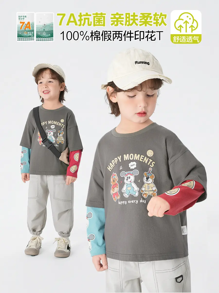 Boys Pure Cotton Fake Two-Piece T-Shirt Autumn Kids - Image 4