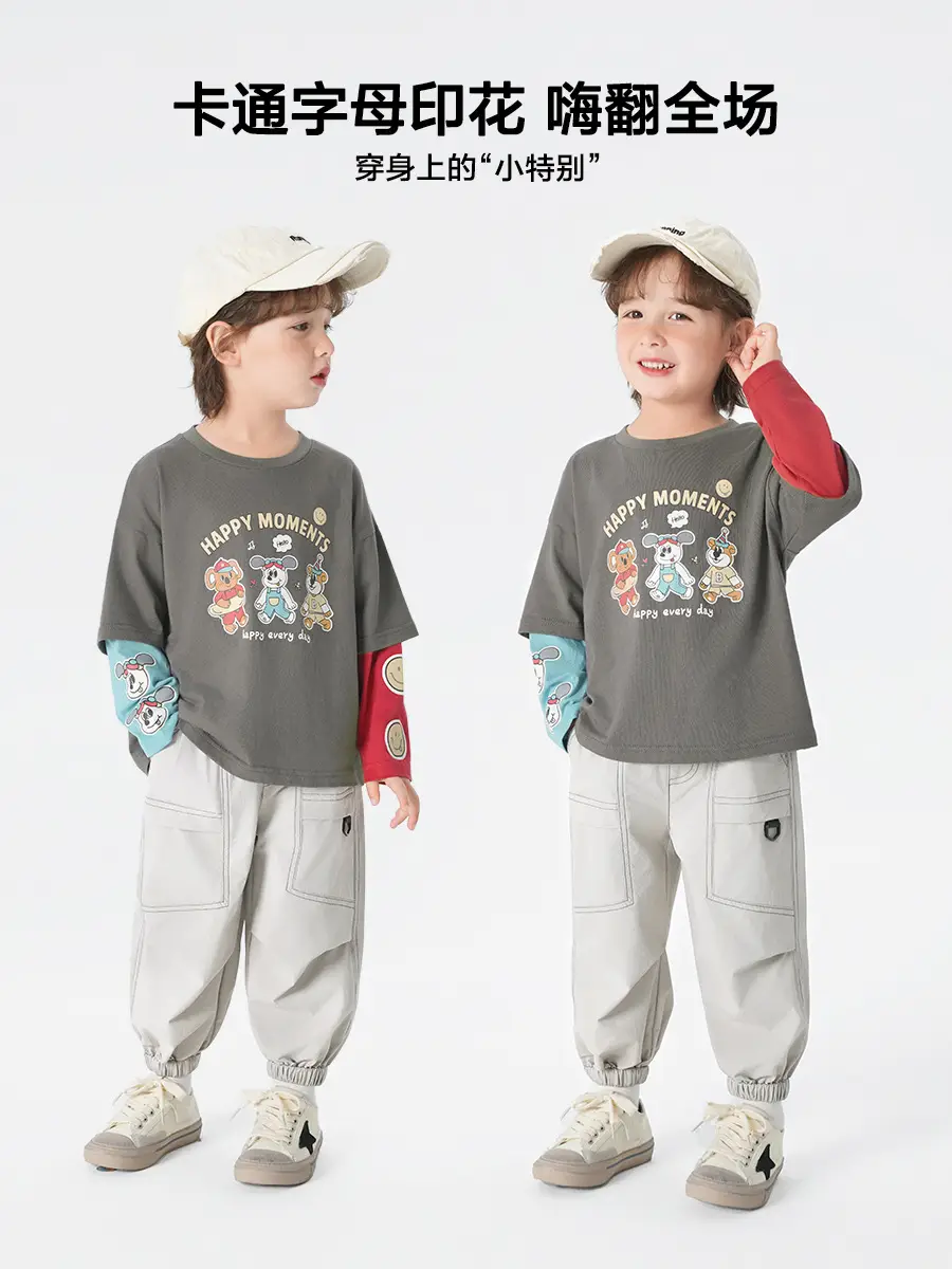 Boys Pure Cotton Fake Two-Piece T-Shirt Autumn Kids - Image 7