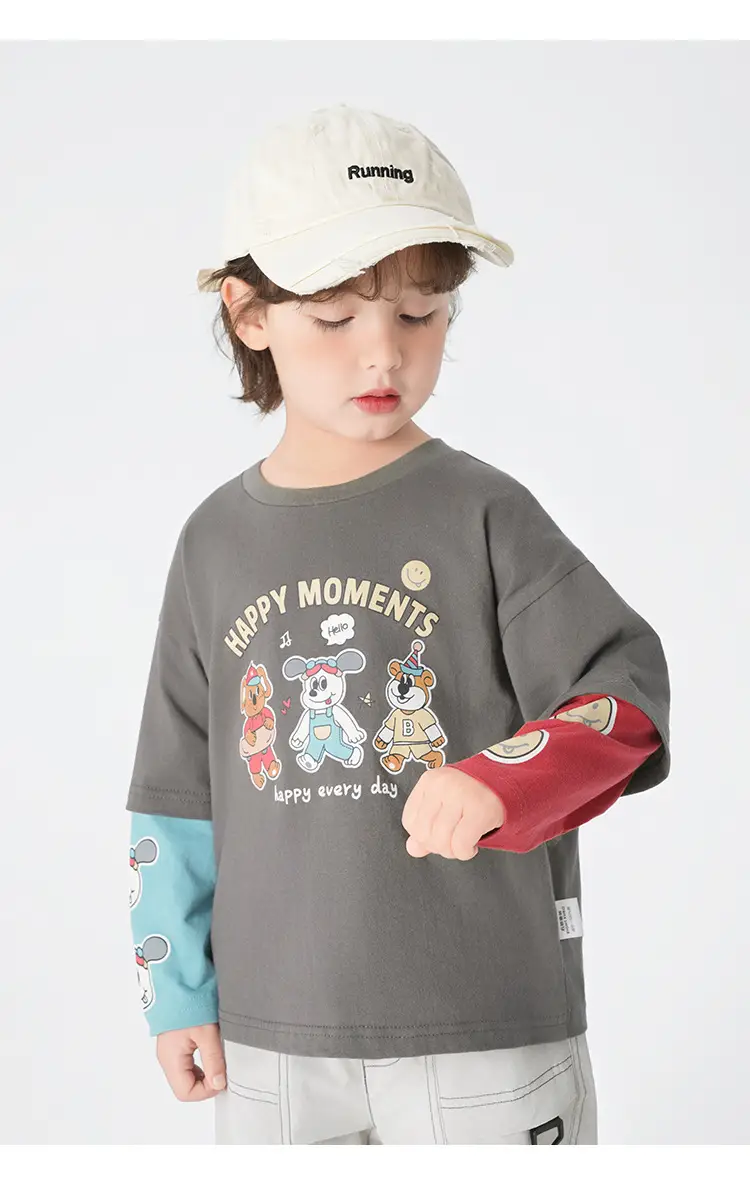 Boys Pure Cotton Fake Two-Piece T-Shirt Autumn Kids — feature 19