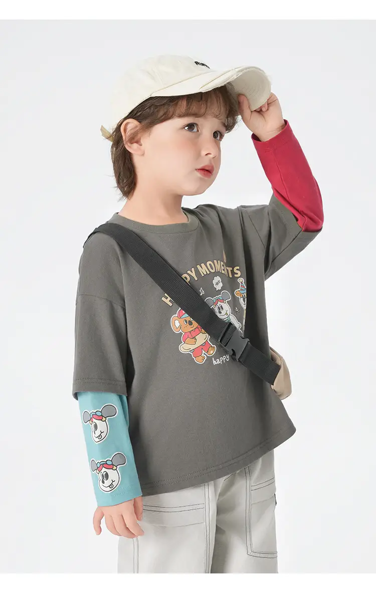 Boys Pure Cotton Fake Two-Piece T-Shirt Autumn Kids — feature 21