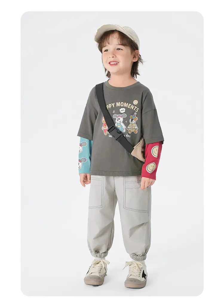 Boys Pure Cotton Fake Two-Piece T-Shirt Autumn Kids — feature 23
