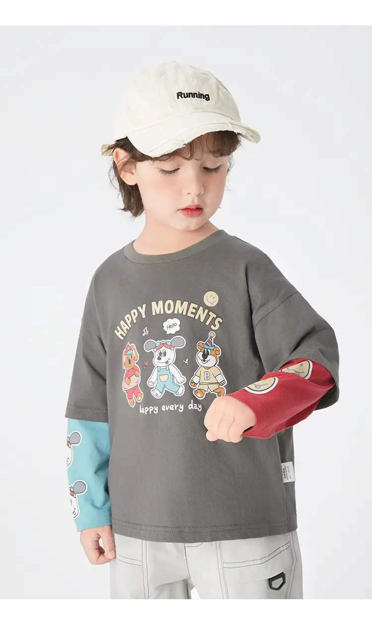 Boys Pure Cotton Fake Two-Piece T-Shirt Autumn Kids — feature 3