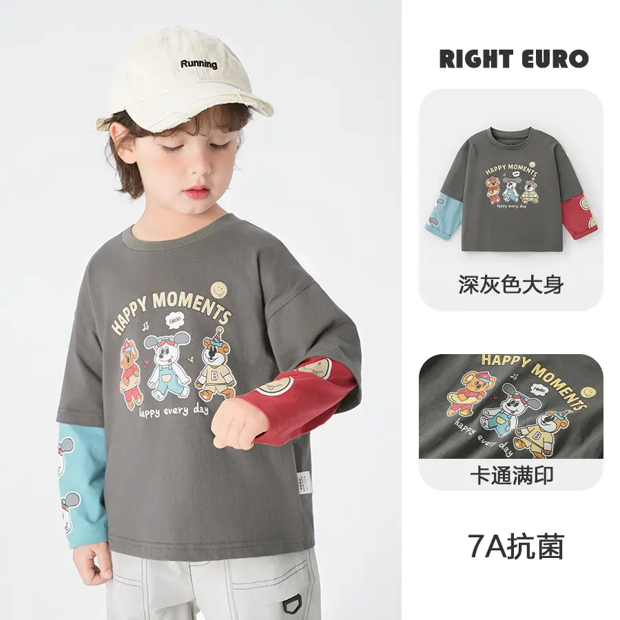 Boys Pure Cotton Fake Two-Piece T-Shirt Autumn Kids - Image 3
