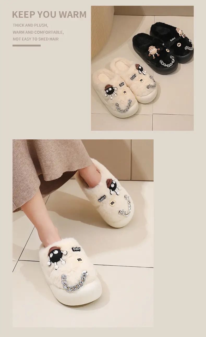 2025 New Small Briquette Women's Chain Cotton Slippers Autumn Winter Warm Thick-Soled Anti-Slip Suede Wool Slippers — feature 11