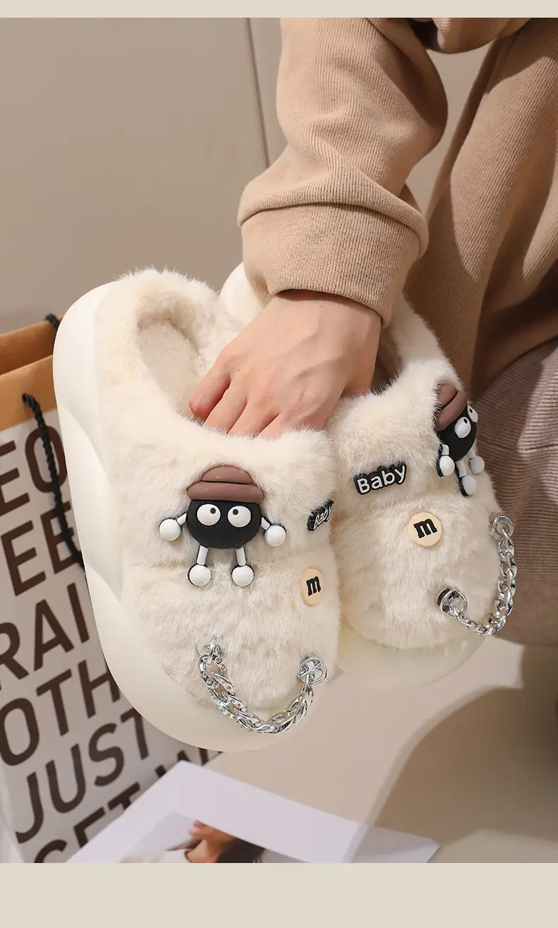 2025 New Small Briquette Women's Chain Cotton Slippers Autumn Winter Warm Thick-Soled Anti-Slip Suede Wool Slippers — feature 13