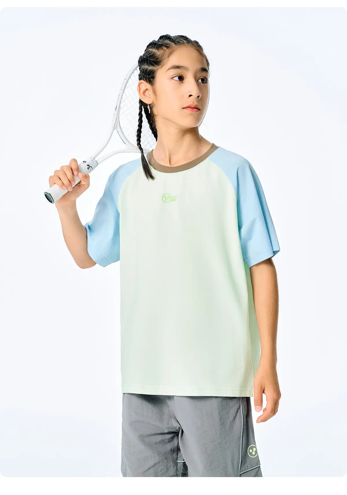 Kids Raglan Sleeve T-Shirt Light Blue Green for Girls Boys — feature 14