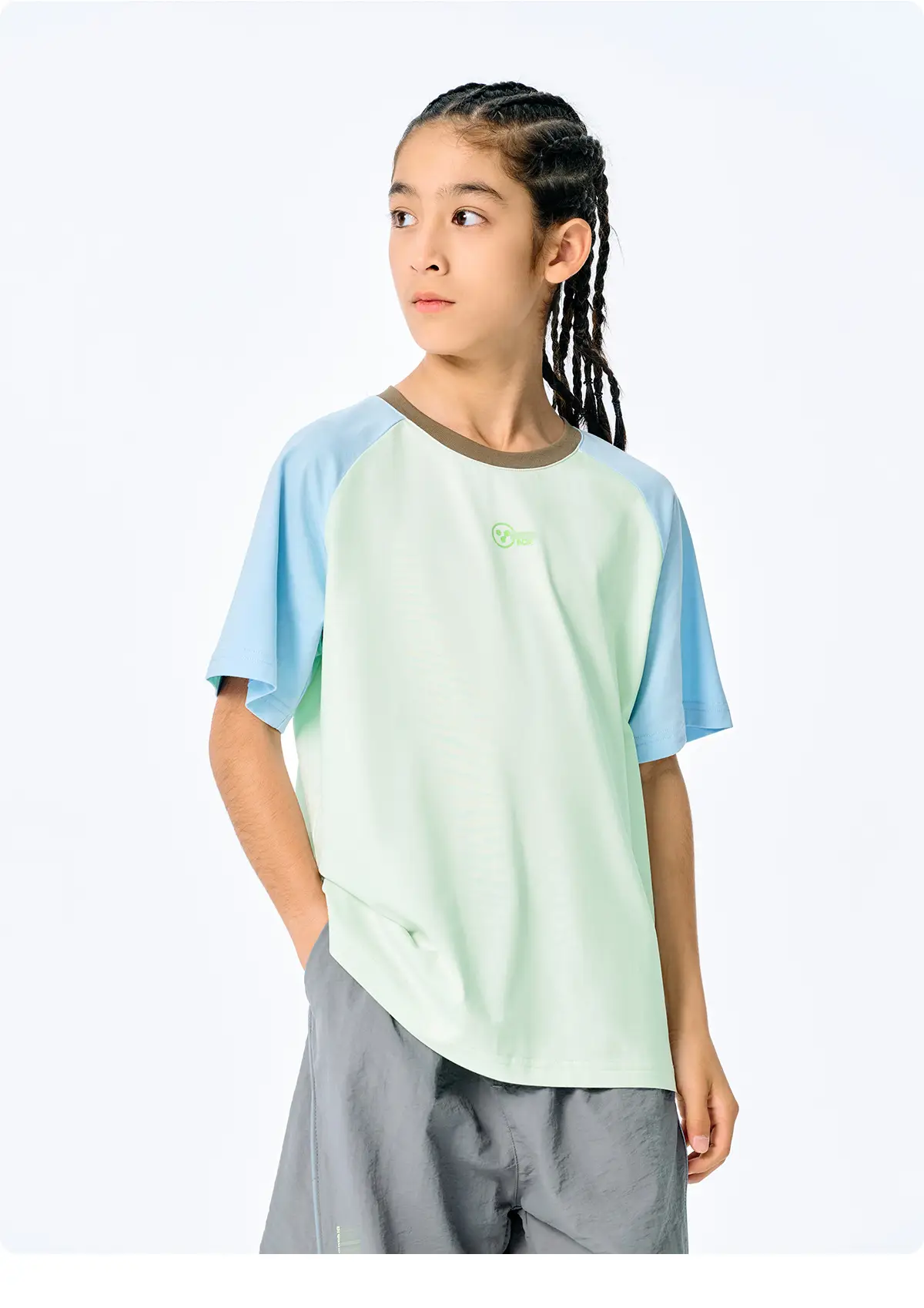 Kids Raglan Sleeve T-Shirt Light Blue Green for Girls Boys — feature 16