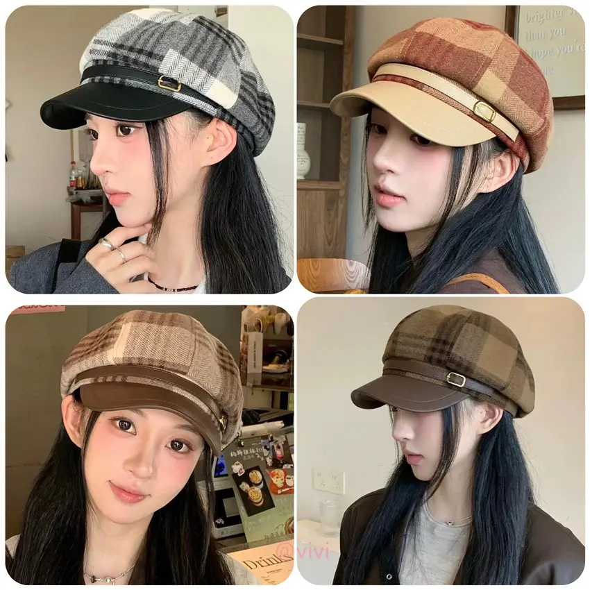 British Plaid Leather Brim Cap for Women Large - Image 3