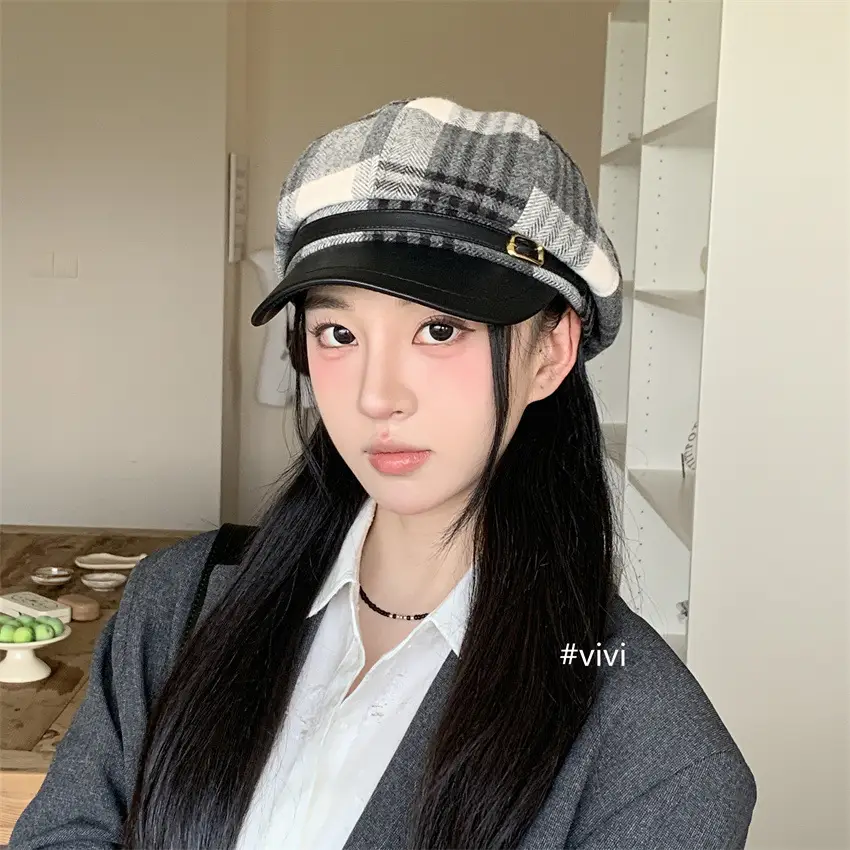 British Plaid Leather Brim Cap for Women Large - Image 4