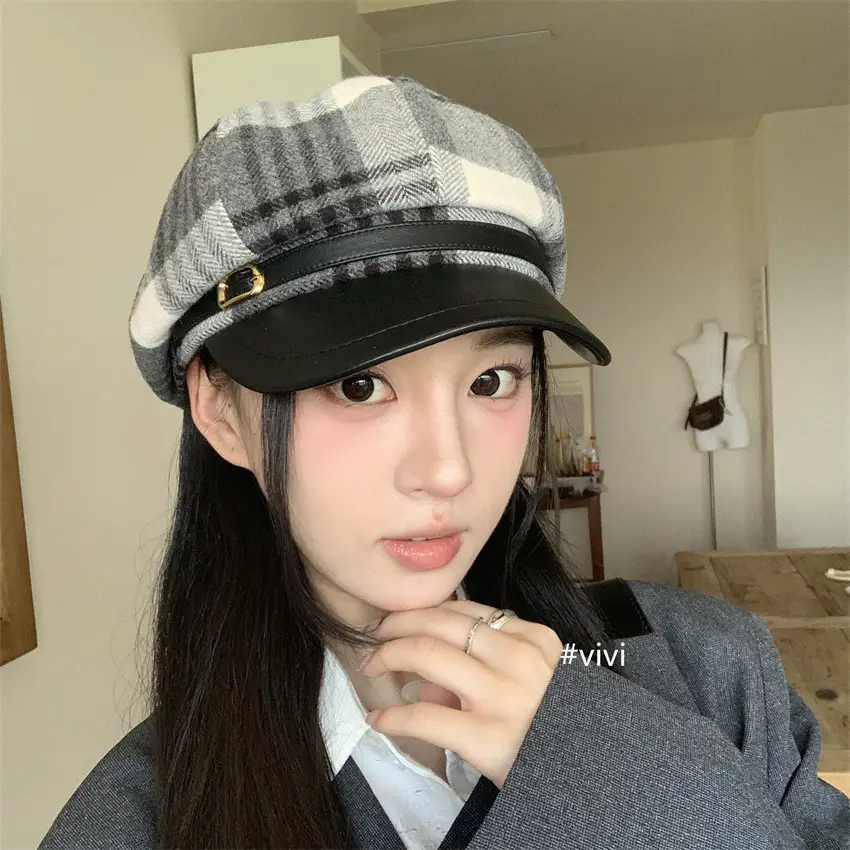 British Plaid Leather Brim Cap for Women Large - Image 5