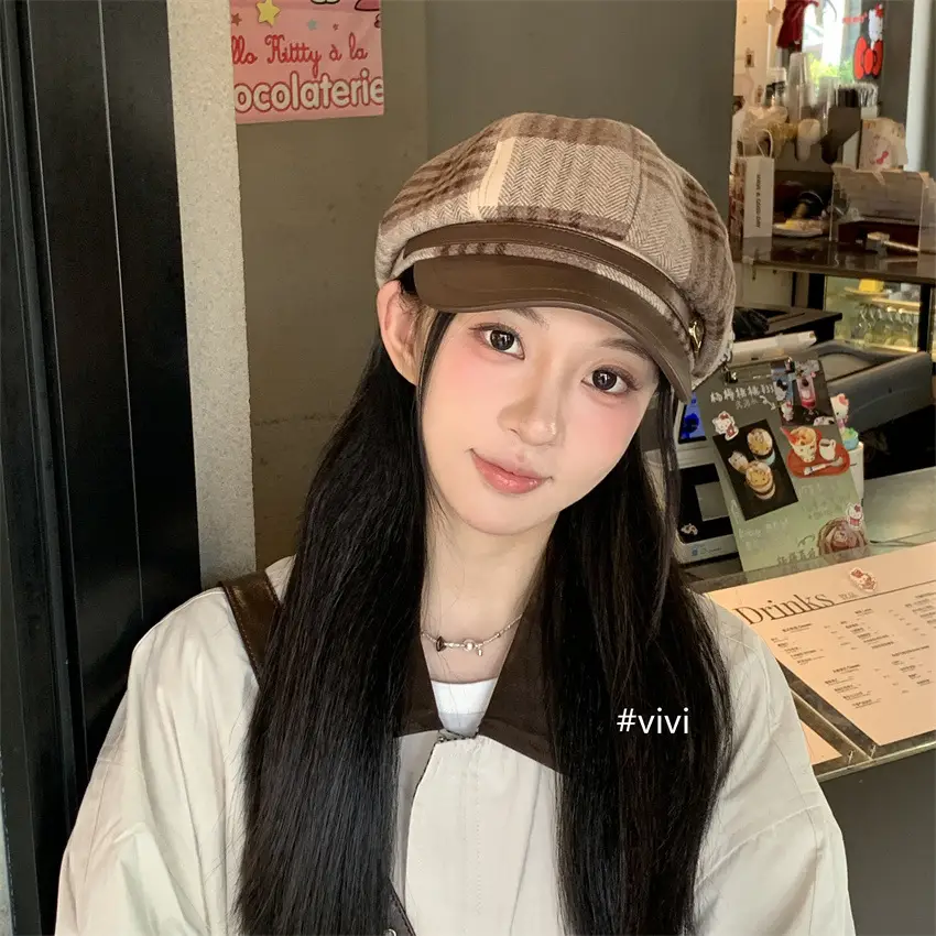 British Plaid Leather Brim Cap for Women Large - Image 6