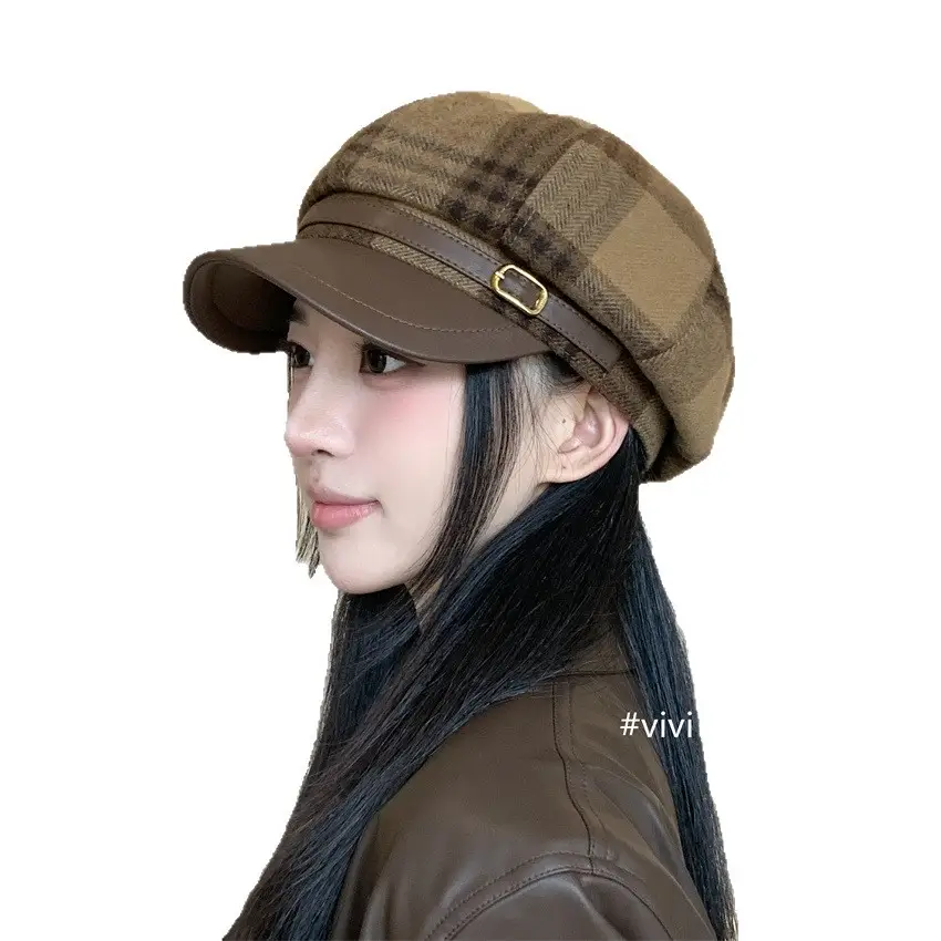 British Plaid Leather Brim Cap for Women Large - Image 7