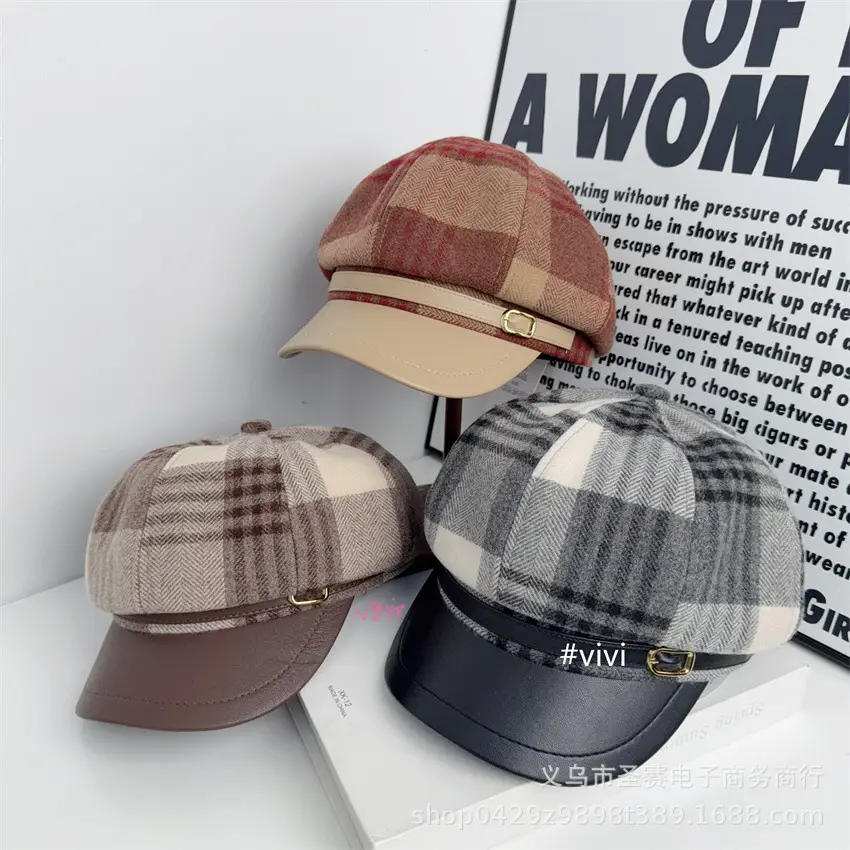 British Plaid Leather Brim Cap for Women Large — feature 2