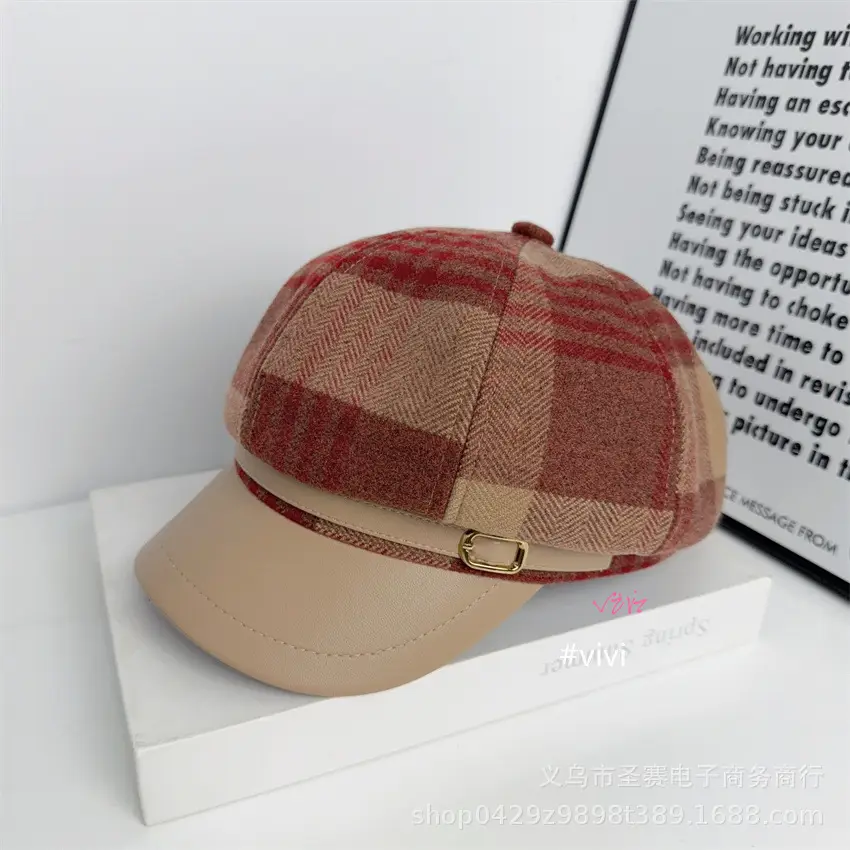 British Plaid Leather Brim Cap for Women Large - Image 2