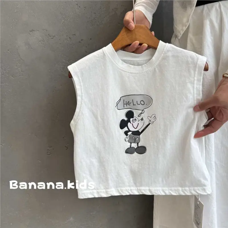 Kids White Sleeveless Korean Style Vest T-Shirt
