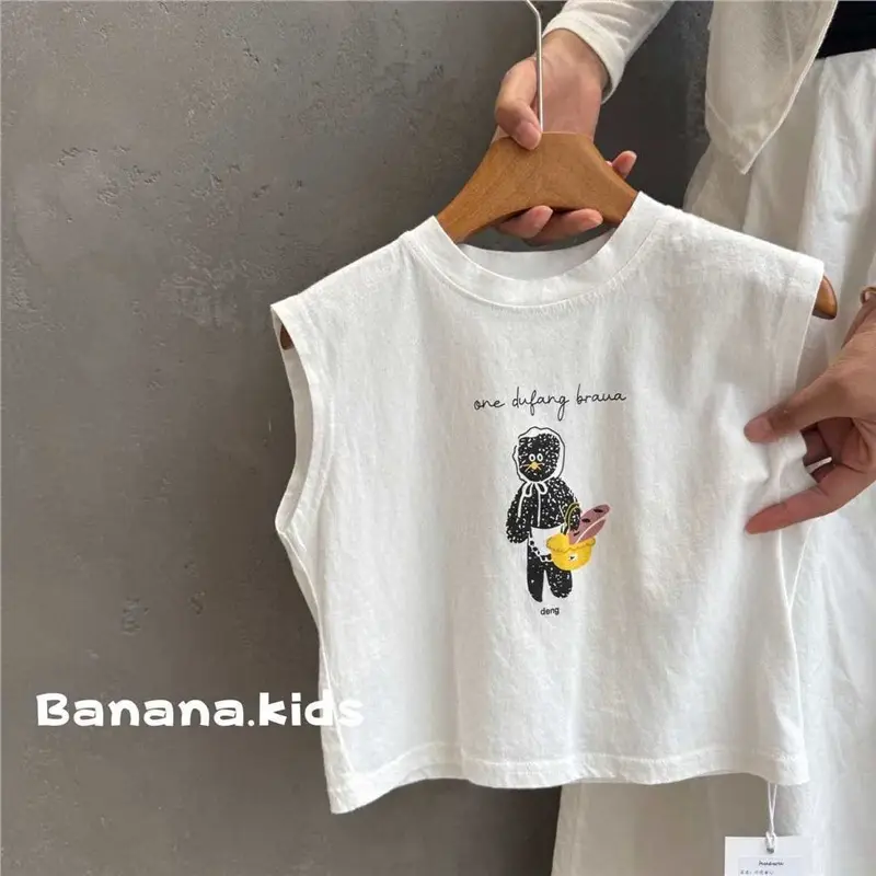 Kids White Sleeveless Korean Style Vest T-Shirt