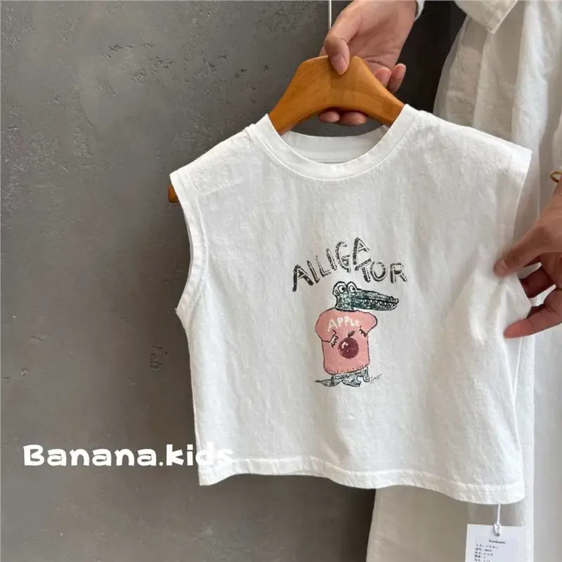 Kids White Sleeveless Korean Style Vest T-Shirt