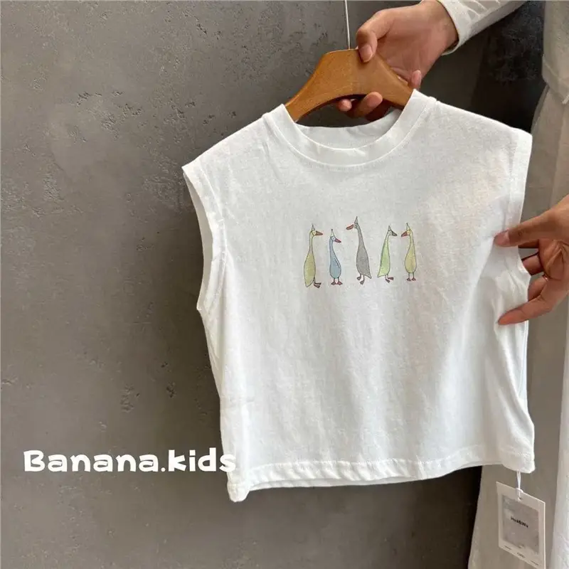 Kids White Sleeveless Korean Style Vest T-Shirt