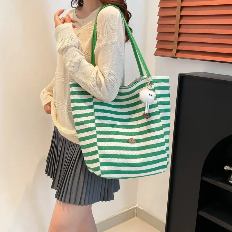 Green Striped Women's Large Capacity Tote Bag — feature 22