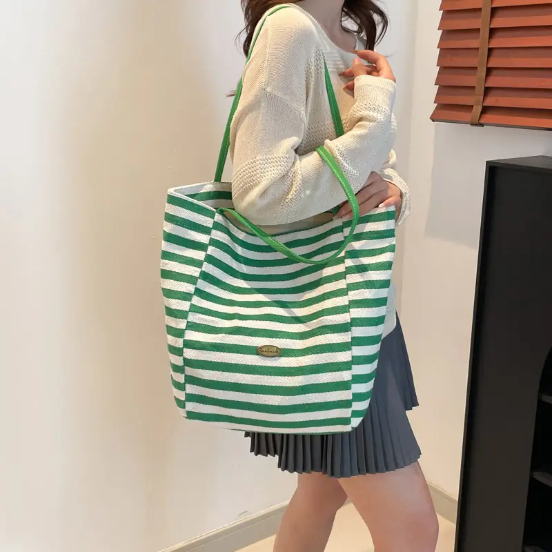 Green Striped Women's Large Capacity Tote Bag — feature 23