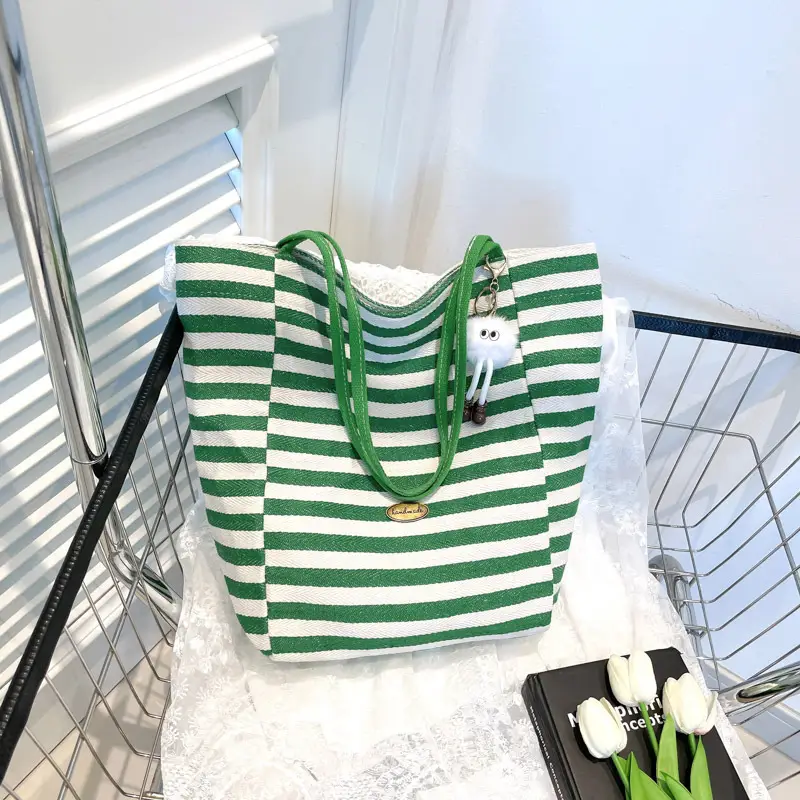 Green Striped Women's Large Capacity Tote Bag - Image 2
