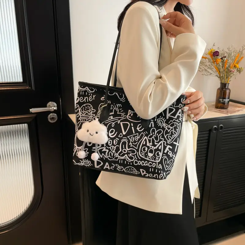 Women Printed Casual Tote Bag with Cat Design - Image 6