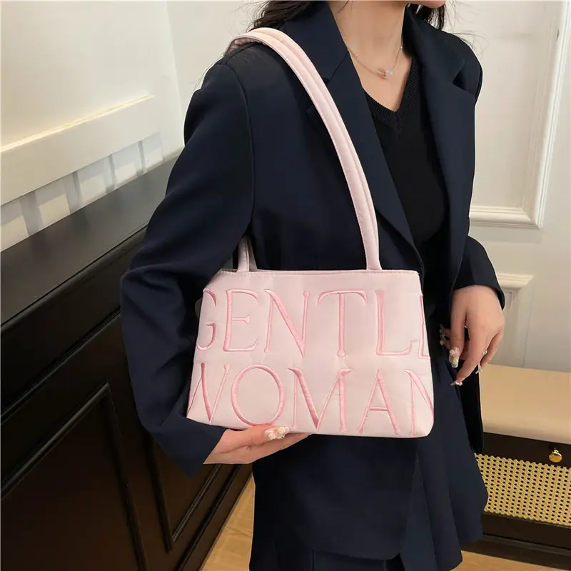 Pink Embroidered Letter Tote Bag for Women