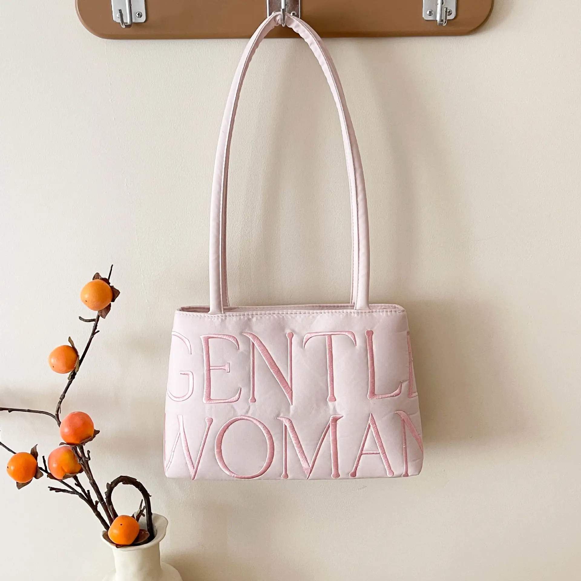 Pink Embroidered Letter Tote Bag for Women