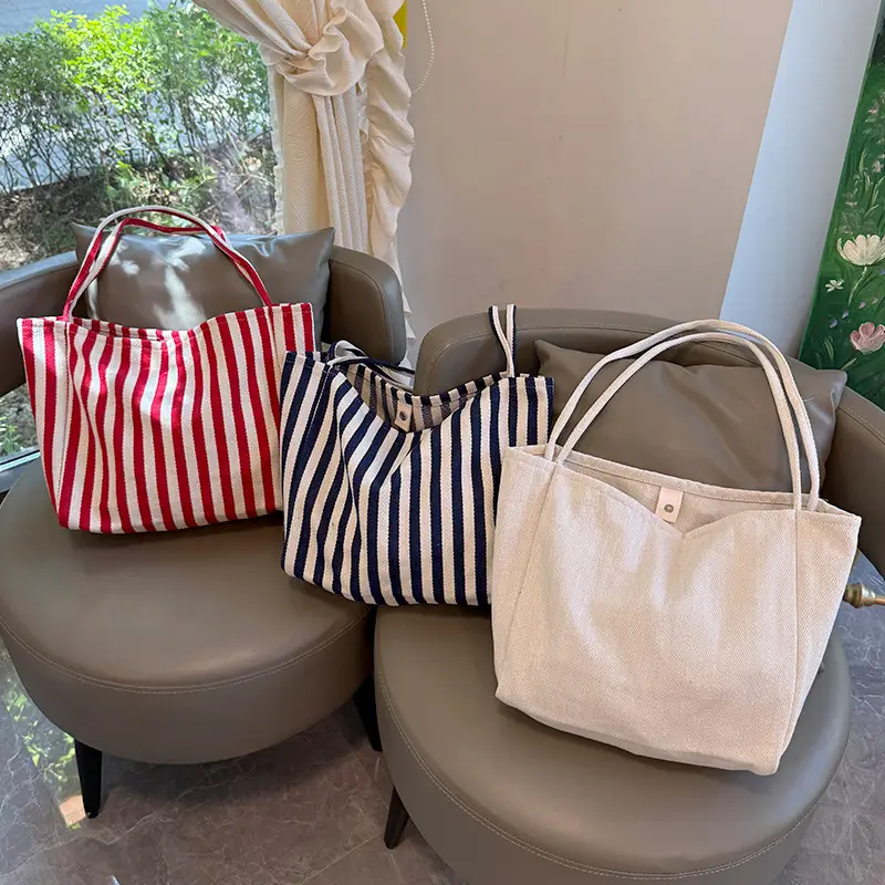 French Striped Canvas Bag for Women Large Capacity