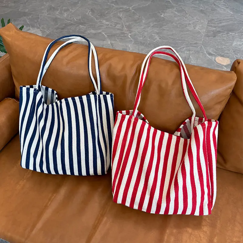 French Striped Canvas Bag for Women Large Capacity