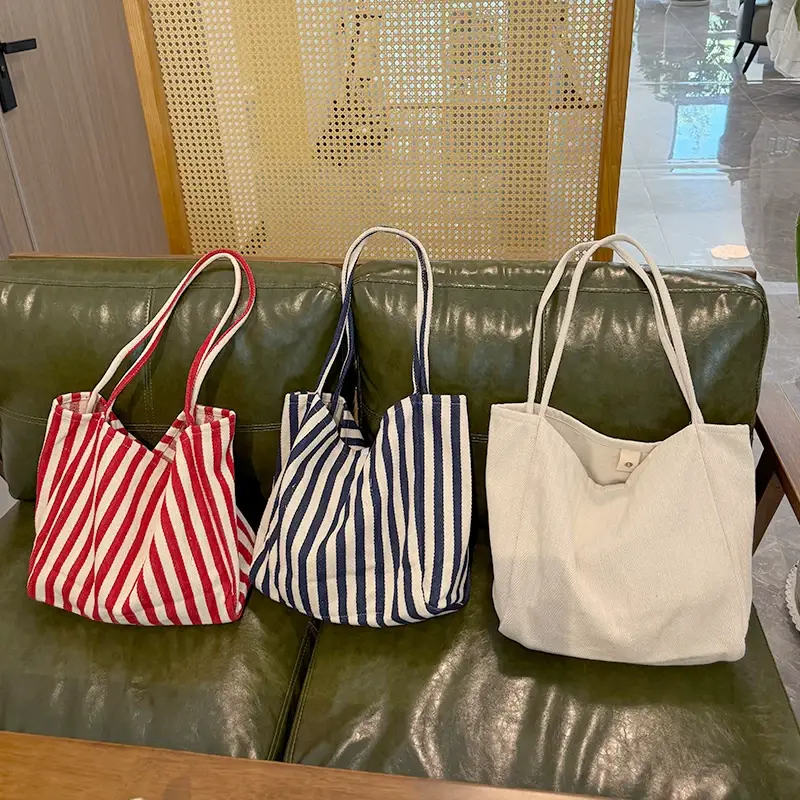 French Striped Canvas Bag for Women Large Capacity — feature 1