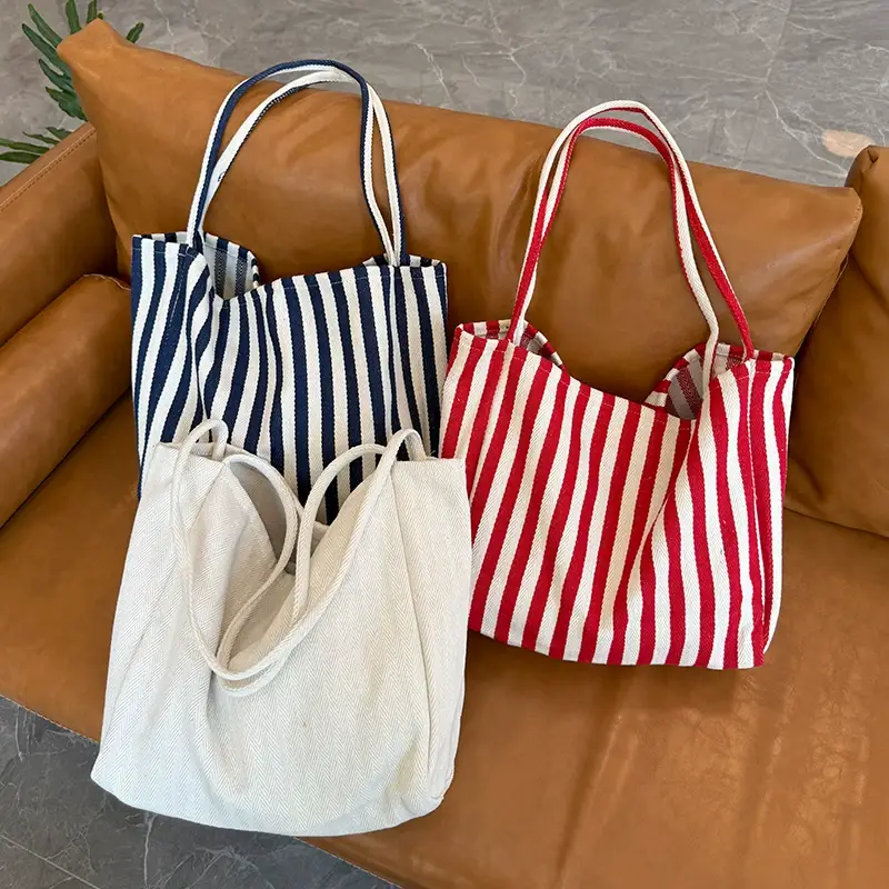 French Striped Canvas Bag for Women Large Capacity — feature 3