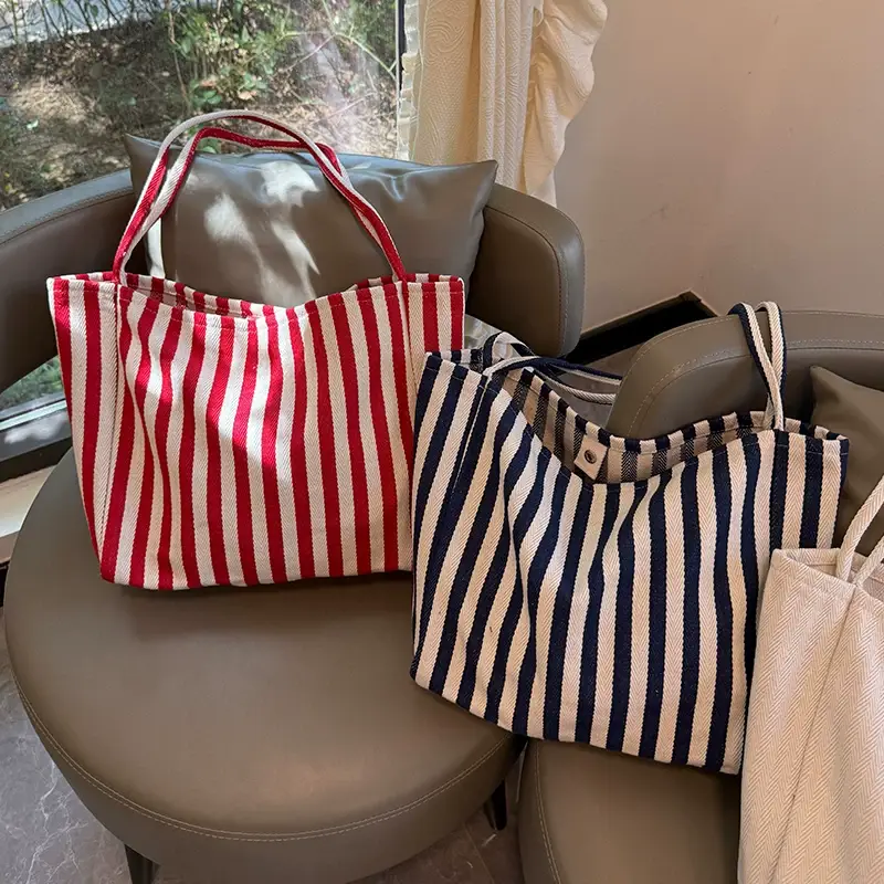 French Striped Canvas Bag for Women Large Capacity — feature 4