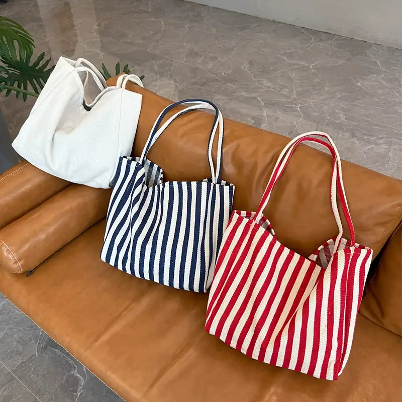 French Striped Canvas Bag for Women Large Capacity — feature 5
