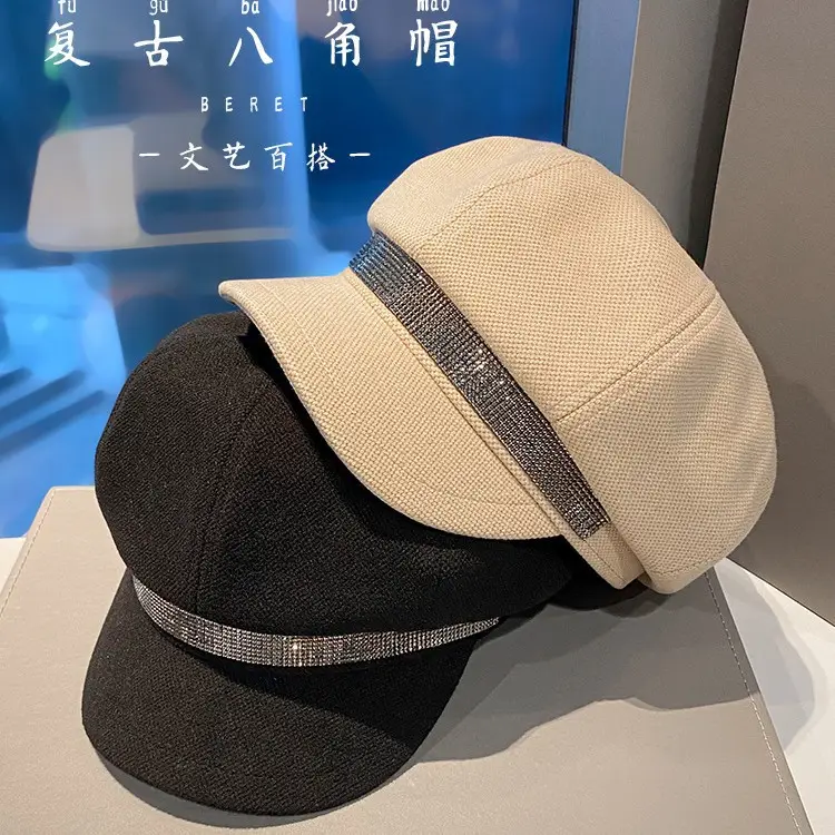 Korean Style Rhinestone Octagonal Cap Brown - Image 5