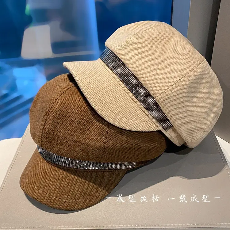 Korean Style Rhinestone Octagonal Cap Brown - Image 6