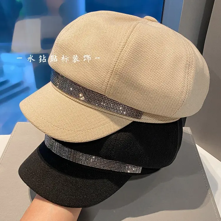 Korean Style Rhinestone Octagonal Cap Brown - Image 7